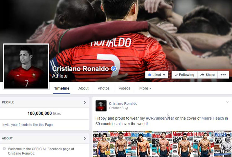 Ronaldo passes 100m Facebook Likes