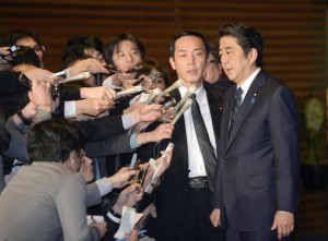 Japan's PM Abe speaks to the media at his official residence in Tokyo