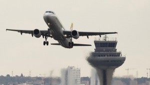 An airplane takes off at Adolfo Suarez Barajas airport in Madrid