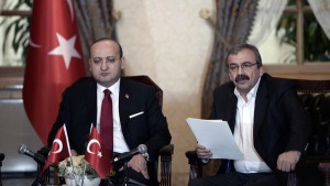 Onder, a lawmaker of the pro-Kurdish HDP party, reads a statement during a meeting with Turkey's Deputy PM Akdogan in Istanbul