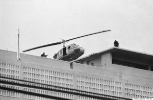 A U.S. Marine helicopter takes off from helipad on top of the American Embassy in Saigon, Vietnam, April 30, 1975. (AP Photo/Phu)