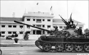 SAIGON, VIET NAM:  VIETNAM OUT  TO GO WITH "VIETNAM-US-WAR-ANNIVERSARY" (FILES) This file photo dated 30 April 1975 shows a soldier perched on a tank of the North Vietnamese Army (NVA) in Saigon, as the city falls into the hands of communist troops.  Vietnam will celebrate 30 April 2005 the 30th anniversary of the fall of Saigon, since renamed Ho Chi Minh City, a defining moment that sealed the catastrophic failure of US policy in Indo-China and cemented the communist victory in the long war.   VIETNAM OUT    AFP PHOTO/VNA/FILES  (Photo credit should read AFP/AFP/Getty Images)