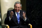 Cuban President Raul Castro greets attendees after addressing the 70th session of the United Nations General Assembly at the U.N. headquarters in New York, September 28, 2015.  REUTERS/Eduardo Munoz