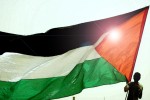 A youth holds-up a big Palestinian flag during a protest against the controversial separation wall in the West Bank village of Bilin west of Ramallah June 2, 2006. MaanImages/Fadi Arouri