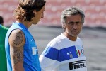 PASADENA, CA - JULY 20:  Zlatan Ibrahimovic (L) striker of Inter Milan and coach Jose Mourinho talk as they watch team practice at the Rose Bowl stadium on July 20, 2009 in Pasadena, California.  (Photo by Kevork Djansezian/Chelsea FC)