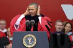 President Barack Obama tells graduates that they should listen, as he delivers the commencement address at Rutgers University Sunday, May 15, 2016 in Piscataway, N.J (AP Photo/Mel Evans)