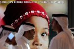 In this Tuesday, June 21, 2016 photo, Emirati men chat in front of a poster ahead of the Emirates Auction for supporting the Reading Nation Campaign, in Dubai, United Arab Emirates. An auction to raise money for books for refugee children has raised more than $11 million in Dubai, including the sale of a more than 100-year-old covering from the cube-shaped Kaaba that Muslims pray toward in Mecca.  (AP Photo/Kamran Jebreili)