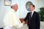 Pope Francis meets Facebook founder and CEO Mark Zuckerberg, at the Santa Marta residence, the guest house in Vatican City where the pope lives, Monday, Aug. 29, 2016. Vatican spokesman Greg Burke says a topic of discussion at Monday’s meeting was “how to use communication technologies to alleviate poverty, encourage a culture of encounter, and make a message of hope arrive, especially to those most in need.’’ (L'Osservatore Romano/Pool Photo via AP)