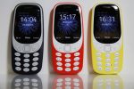 The new Nokia 3310 mobile phone, developed by HMD Global OY, in dark blue, warm red and yellow, sits on display during a product launch event in London, U.K., on Friday, Feb. 24, 2017. Licensee HMD Global says more Nokia-branded models to launch in first half of 2017. Photographer: Luke MacGregor/Bloomberg