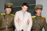 FILE PHOTO - Otto Frederick Warmbier (C), a University of Virginia student who was detained in North Korea since early January, is taken to North Korea's top court in Pyongyang, North Korea, in this photo released by Kyodo March 16, 2016.        Mandatory credit REUTERS/Kyodo/File Photo