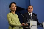 Sweden's Prime Minister Stefan Lofven (R) and Myanmar's State Counsellor Aung San Suu Kyi hold a news conference, at the government building Rosenbad in Stockholm, Sweden June 12, 2017. TT News Agency/Henrik Montgomery/via REUTERS