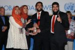 The Roshi Ride team from Rutgers University poses after winning the Hult Prize Finals and Awards Dinner 2017 on Saturday, Sept. 16, 2017, at the United Nations headquarters. (Mark Von Holden/Hult Prize Foundation via AP Images)