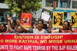 Indian women shout slogans during a protest against recent incidents of rape, in Ahmadabad, India, Friday, April 13, 2018. In 2012, the fatal gang rape of a young woman in the heart of India's capital moved Indians to take to the streets to demand stricter rape laws. But the gang rape and killing of a Muslim girl in Kathua has seen far different protests: members of a radical Hindu group have marched to demand the release of the six men accused of repeatedly raping the girl inside a Hindu temple. (AP Photo/Ajit Solanki)