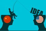 One businessman steal the idea from another. Commercial spying concept. National flags of USA and China