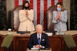 U.S. President Joe Biden addresses a joint session of Congress as President Kamala Harris and Speaker of the House U.S. Rep. Nancy Pelosi (D-CA) react in the U.S. Capitol in Washington, DC, U.S. April 28, 2021. Chip Somodevillaat/Pool via REUTERS